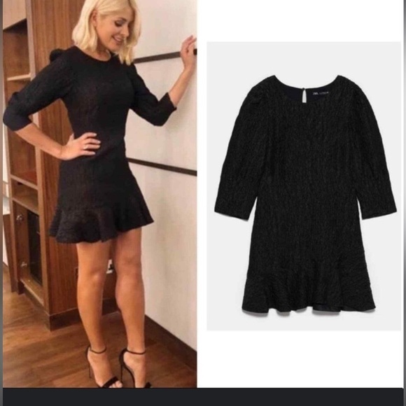 Zara mini dress Textured Weave Black Puff Princess Sleeve Ruffle Crinkle XXS - Picture 3 of 12